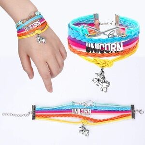 Rustic Handmade Infinity Unicorn Charm Leather Adjustable Bracelet - Rainbow